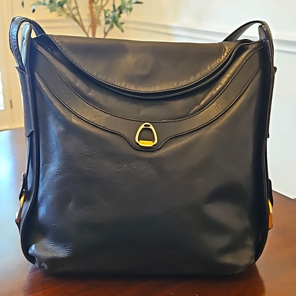 Celine Vintage Black Leather Shoulder Bag Convertible to Crossbody Gold …